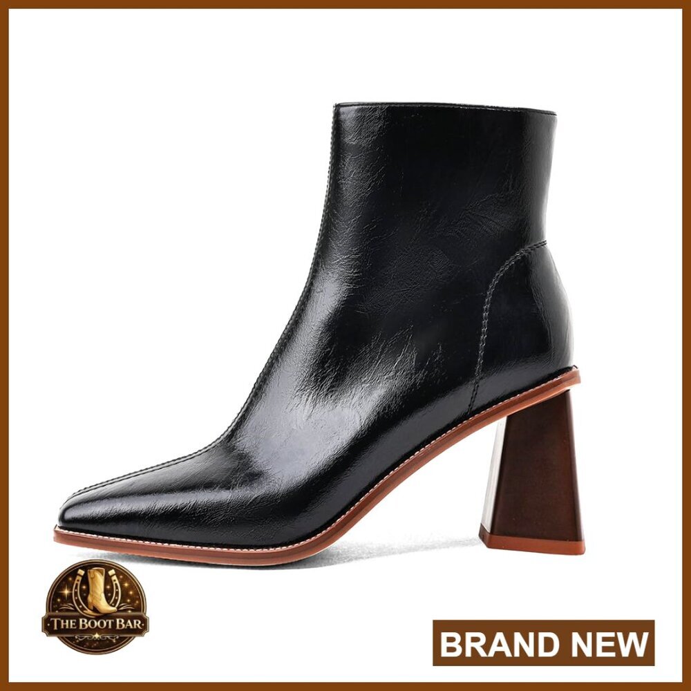 Chunky Heel Ankle Booties Retro Square Toe Side Zipper Fall Winter Shoes